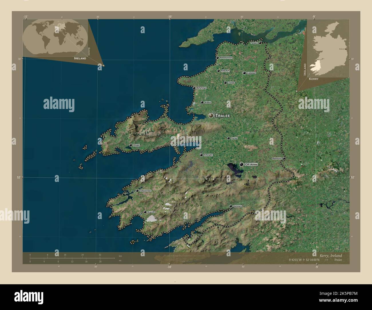 Kerry, county of Ireland. High resolution satellite map. Locations and names of major cities of