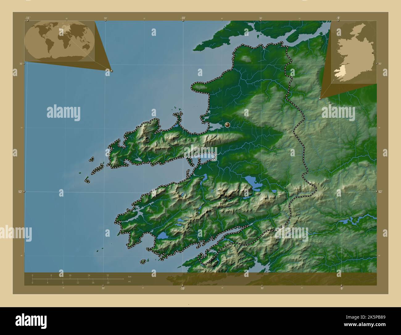 Kerry, county of Ireland. Colored elevation map with lakes and rivers. Corner auxiliary location
