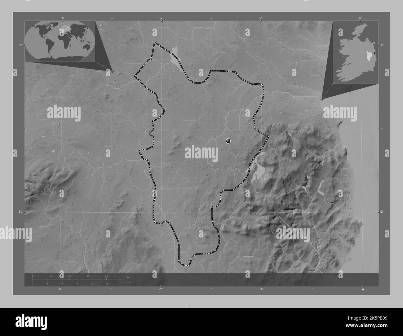 Kildare, county of Ireland. Grayscale elevation map with lakes and rivers. Corner auxiliary