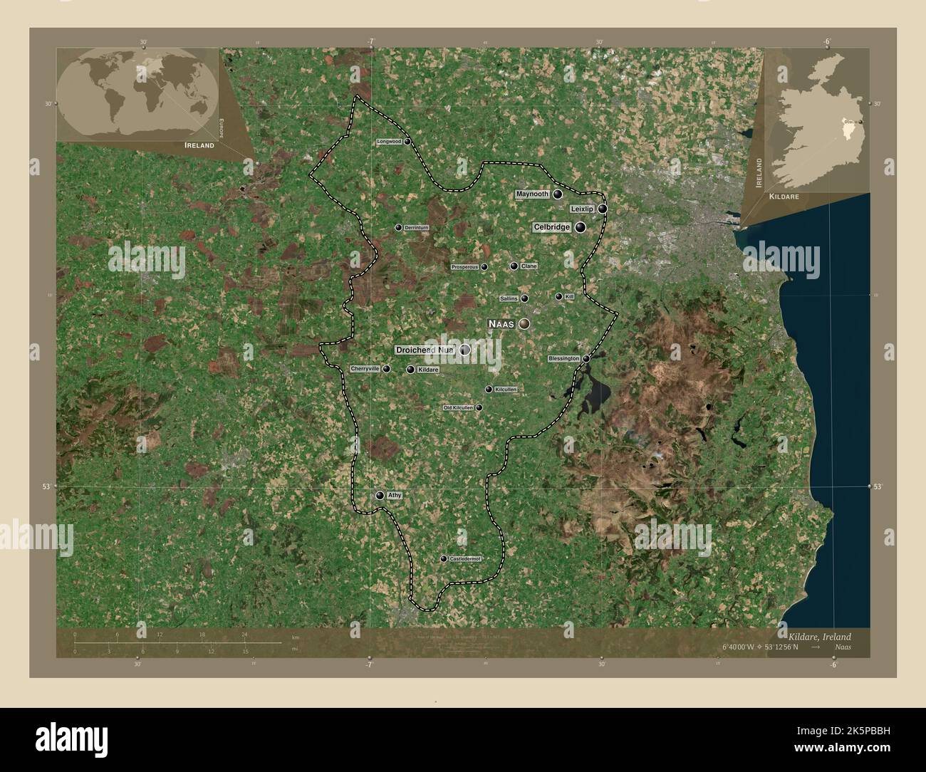 Kildare, county of Ireland. High resolution satellite map. Locations and names of major cities