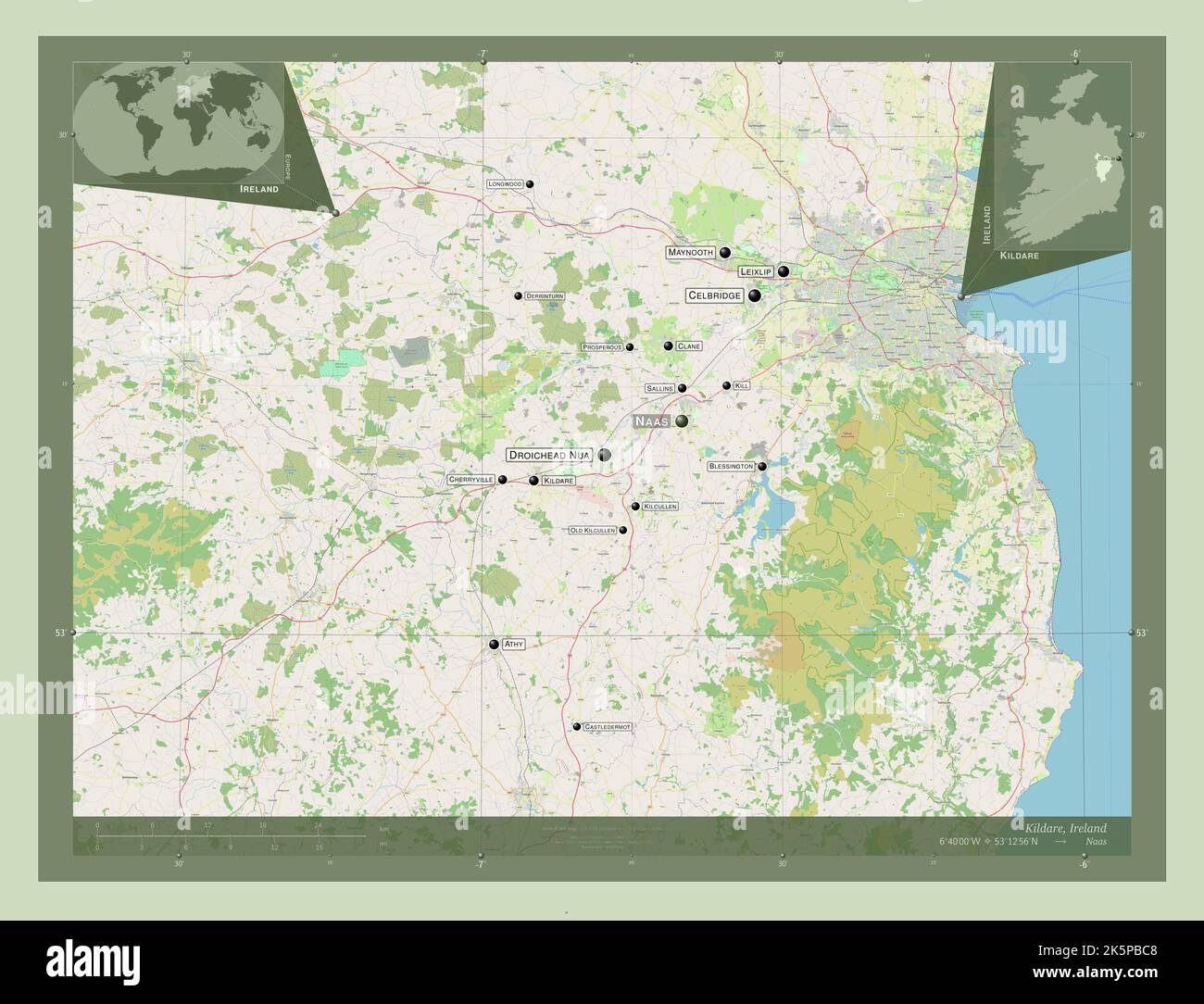 Kildare, county of Ireland. Open Street Map. Locations and names of major cities of the region