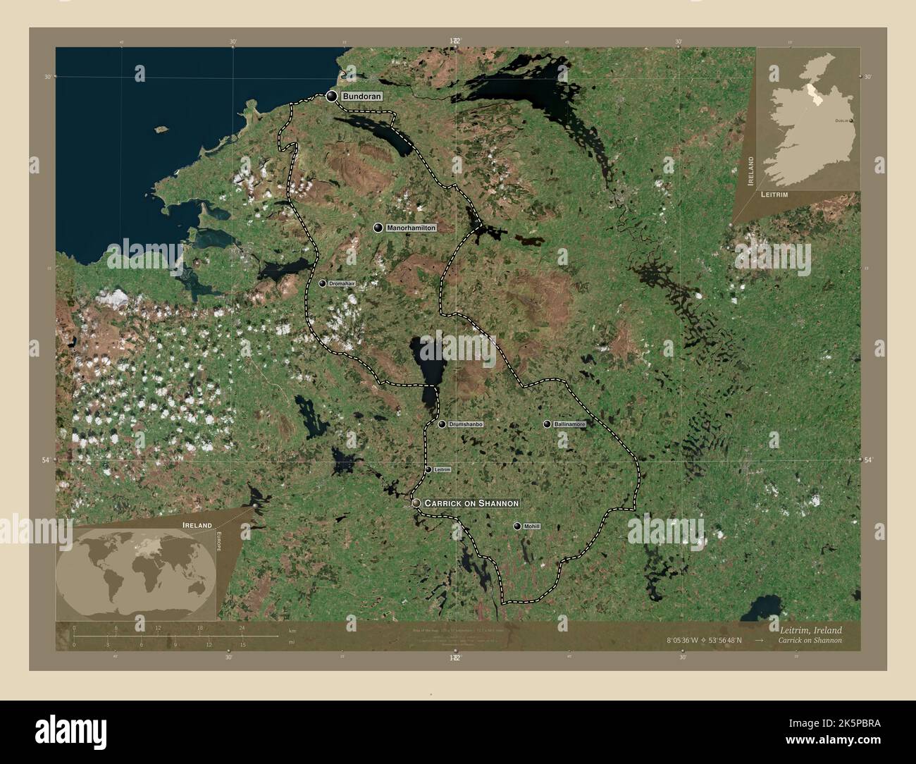 Leitrim, county of Ireland. High resolution satellite map. Locations and names of major cities