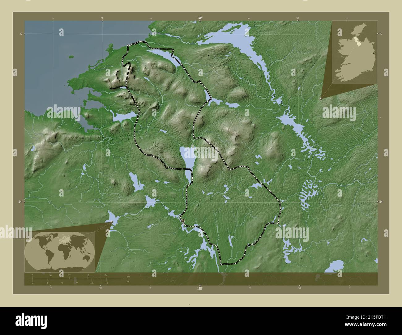 Leitrim, county of Ireland. Elevation map colored in wiki style with lakes and rivers. Corner