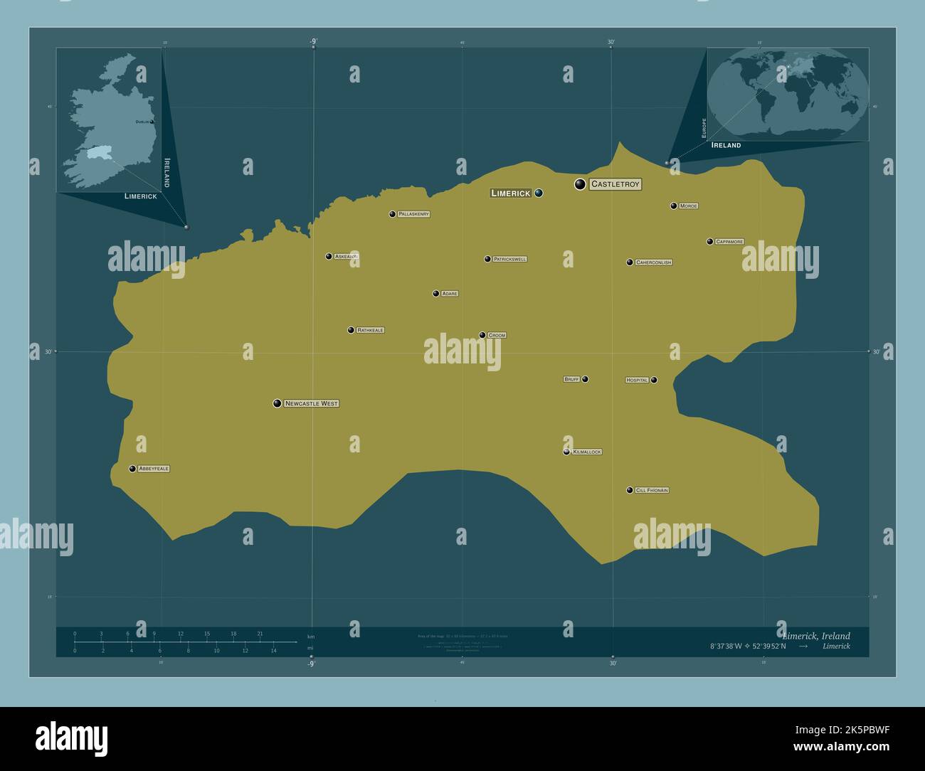 Limerick, county of Ireland. Solid color shape. Locations and names of