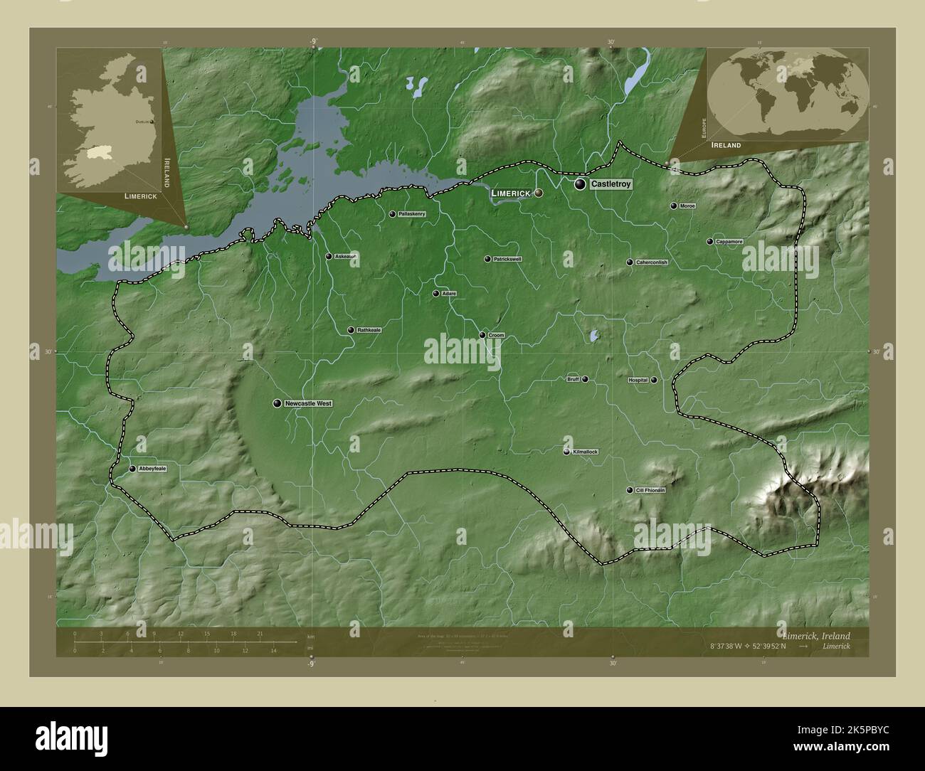 Limerick, county of Ireland. Elevation map colored in wiki style with
