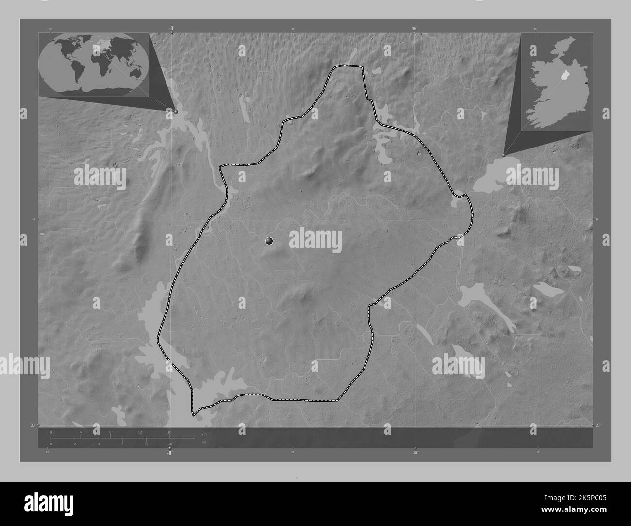 Longford, county of Ireland. Grayscale elevation map with lakes and