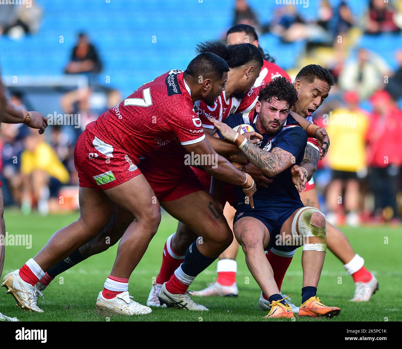 Halifax, England -8th October 2022 - Arthur Romano of France tackled by ...