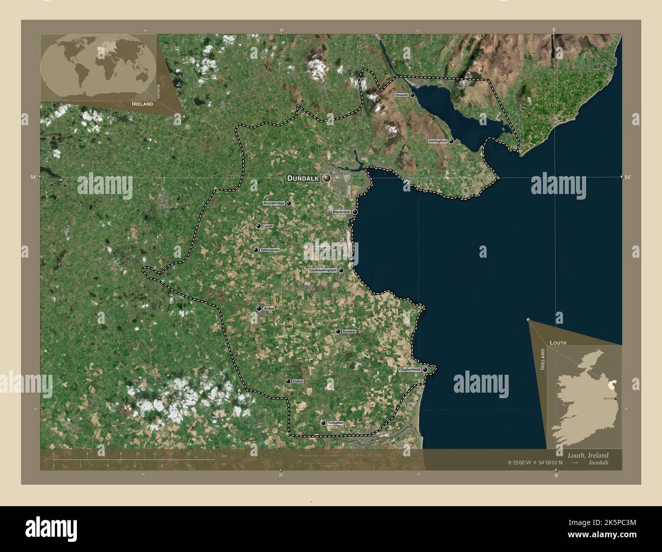 Louth, county of Ireland. High resolution satellite map. Locations and names of major cities of