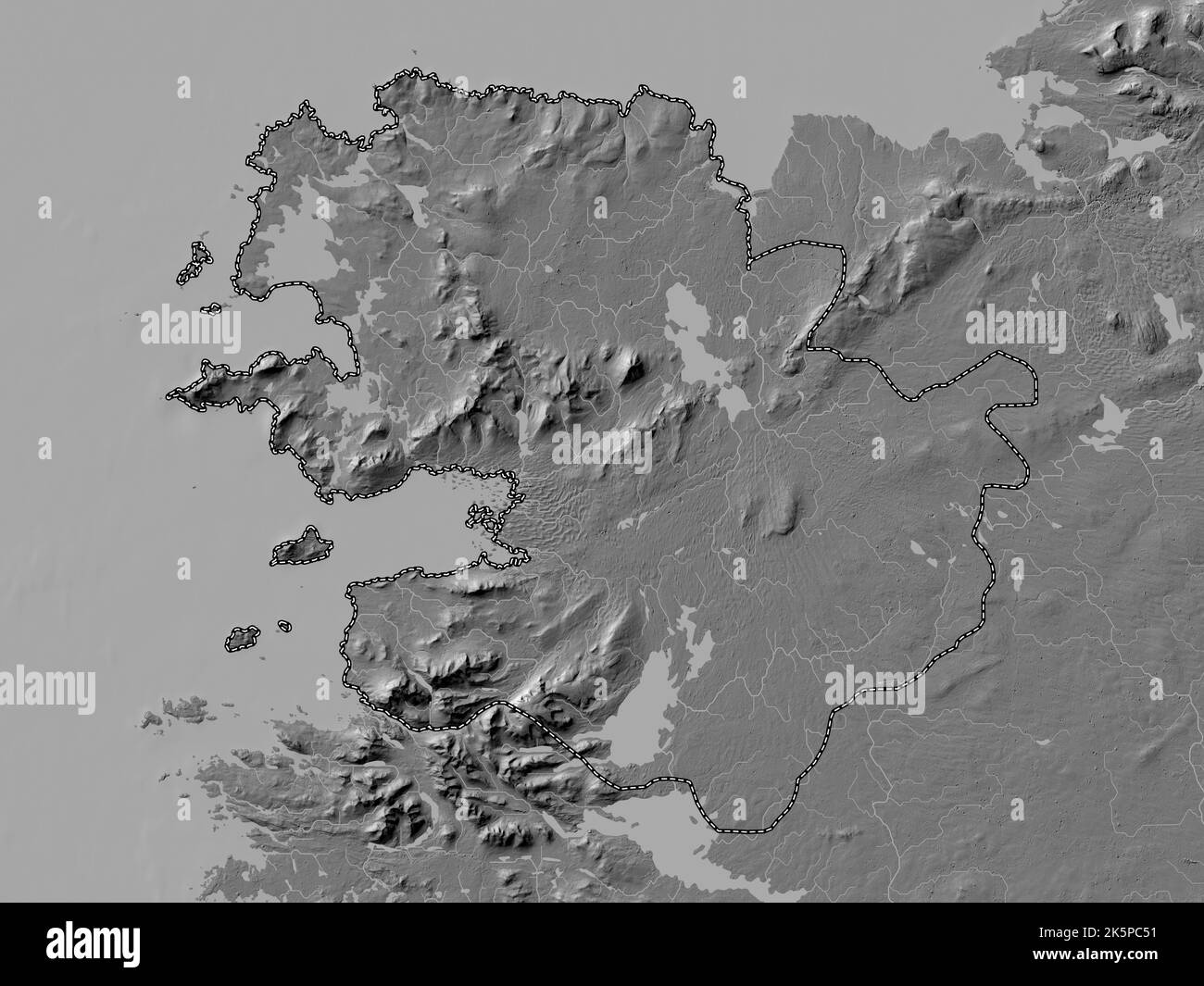 Mayo, county of Ireland. Bilevel elevation map with lakes and rivers Stock Photo