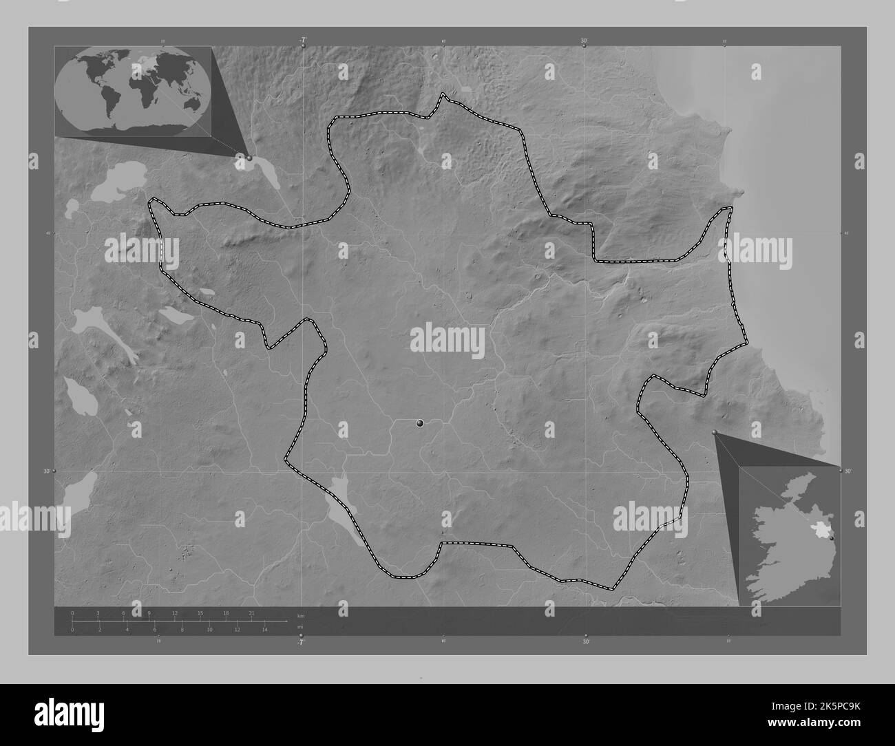 Meath, county of Ireland. Grayscale elevation map with lakes and rivers