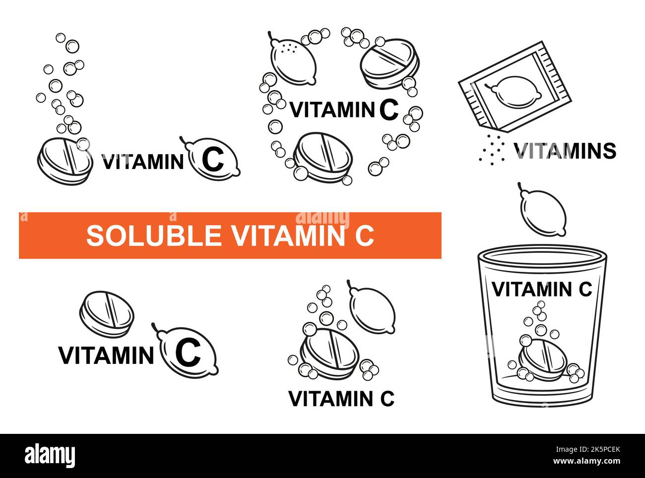 Vitamin C effervescent soluble tablet, fizzy aspirin drug pill medicine dissolve in water with bubbles icon set. Citrus multivitamin medicament vector Stock Vector