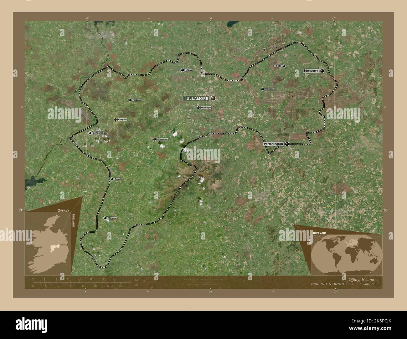 Offaly, county of Ireland. Low resolution satellite map. Locations and