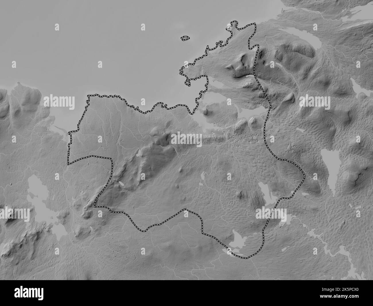 Sligo, county of Ireland. Grayscale elevation map with lakes and rivers Stock Photo