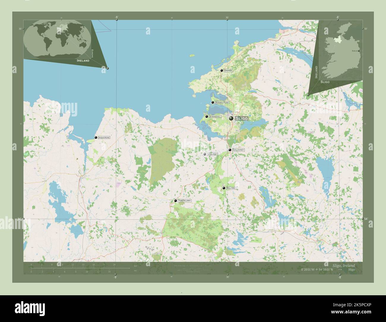 Sligo, county of Ireland. Open Street Map. Locations and names of major