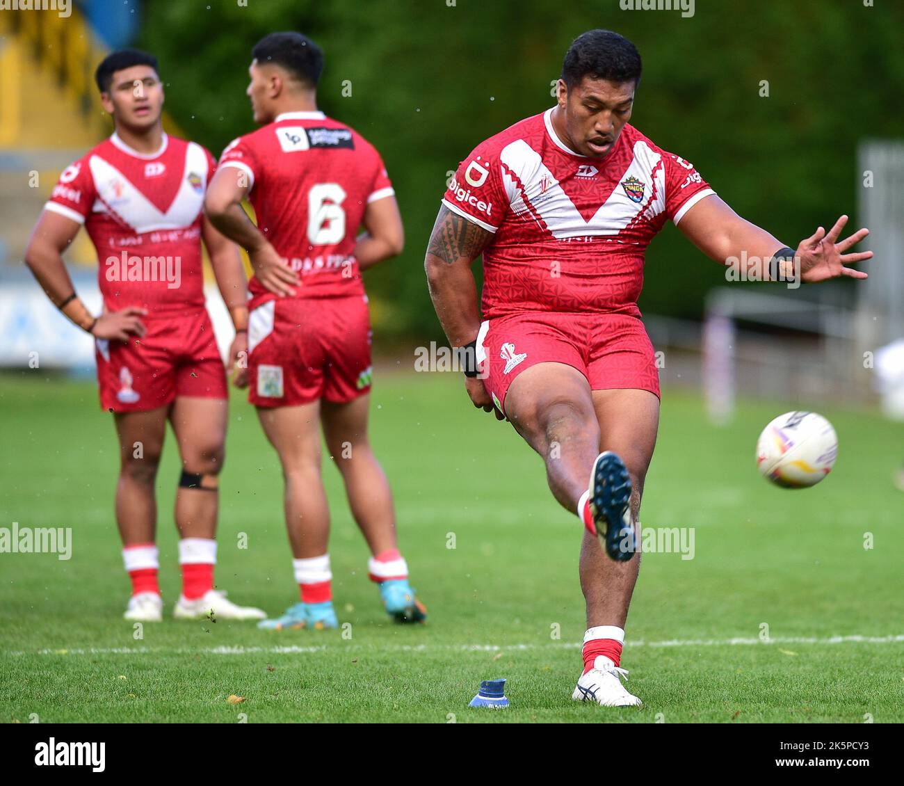 Halifax, England 8th October 2022 Albert Vete of Tonga kicks, Rugby