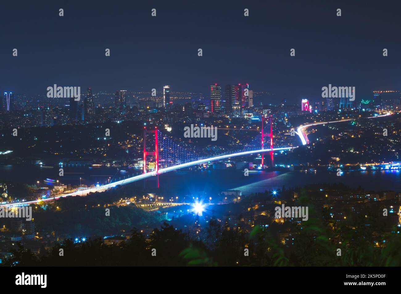 Istanbul skyline view at night. Bosphorus Bridge and Istanbul. Turkey or Turkiye background. Stock Photo