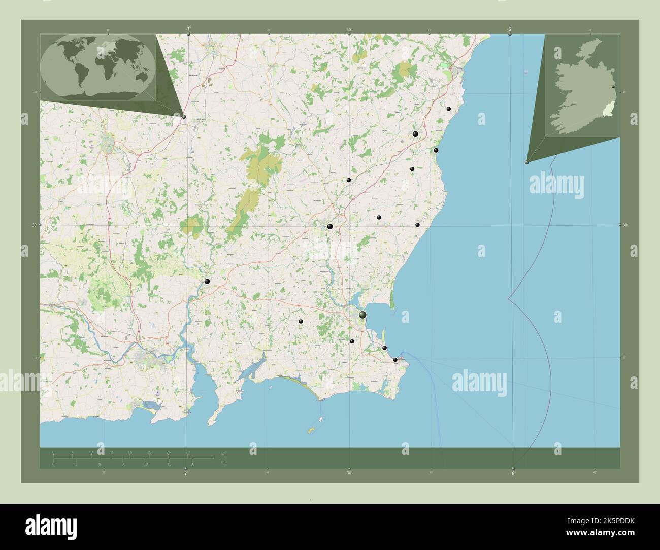 Wexford, county of Ireland. Open Street Map. Locations of major cities