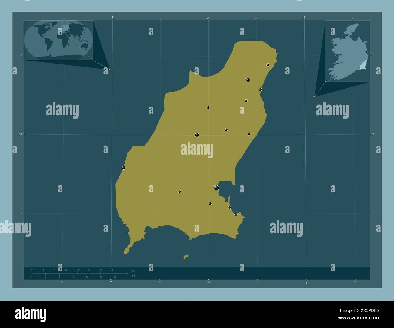 Wexford, county of Ireland. Solid color shape. Locations of major