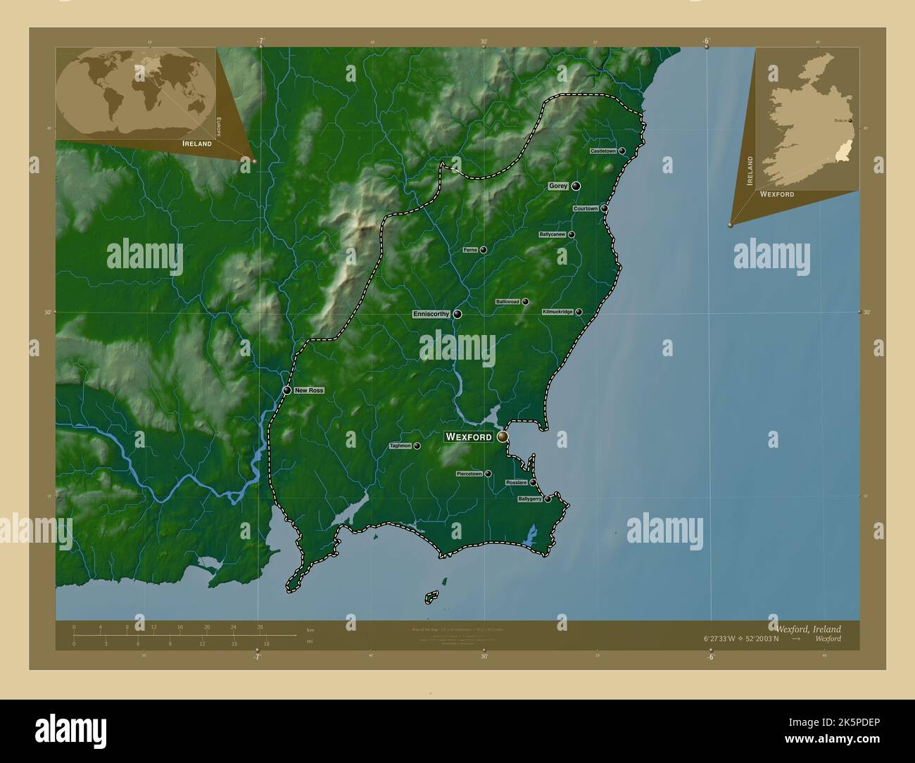 Wexford, county of Ireland. Colored elevation map with lakes and rivers