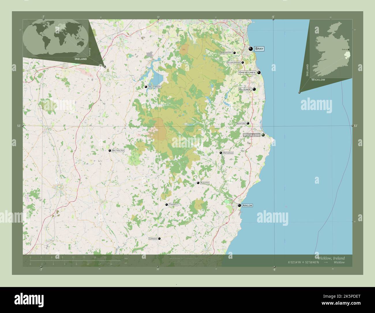 Wicklow, county of Ireland. Open Street Map. Locations and names of