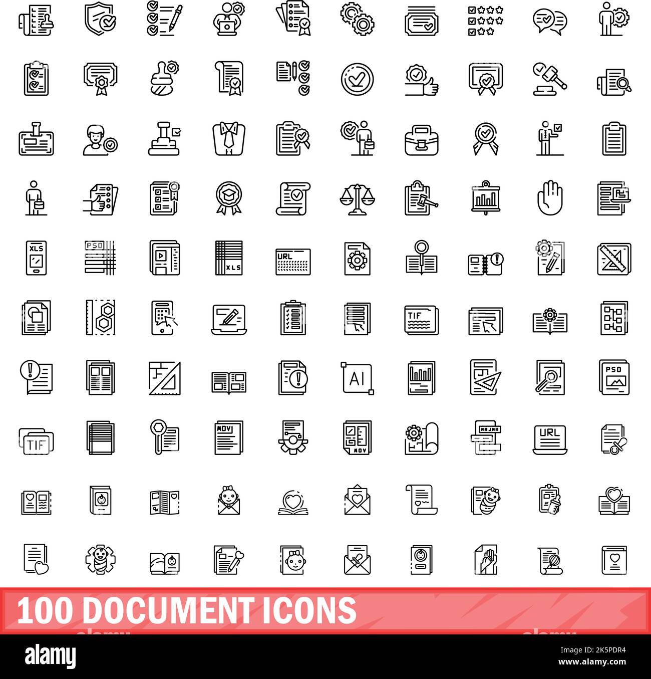 100 document icons set. Outline illustration of 100 document icons ...