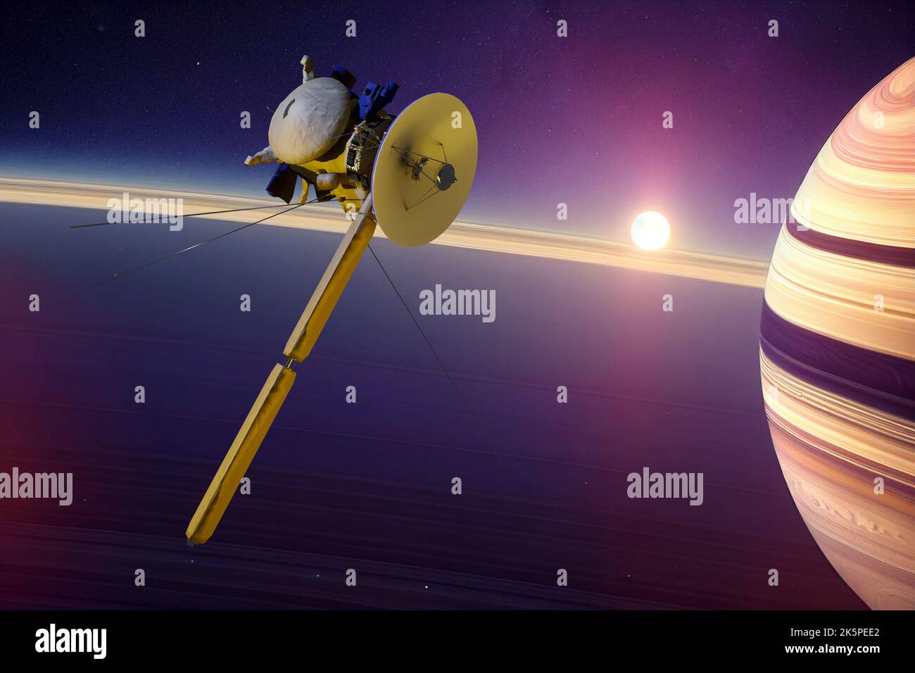 Unmanned spacecraft similar with the Cassini Huygens orbiter, closing Saturn. Elements of this image furnished by NASA. 3D RENDERING. Stock Photo