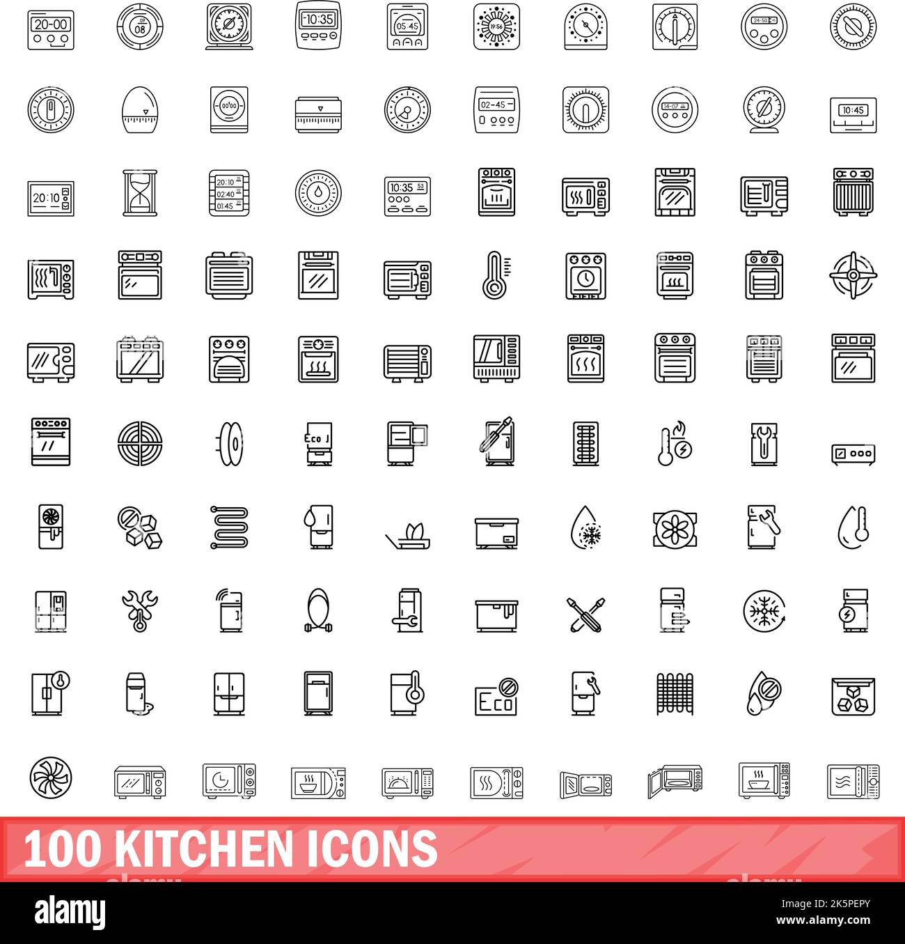 100 kitchen icons set. Outline illustration of 100 kitchen icons vector ...