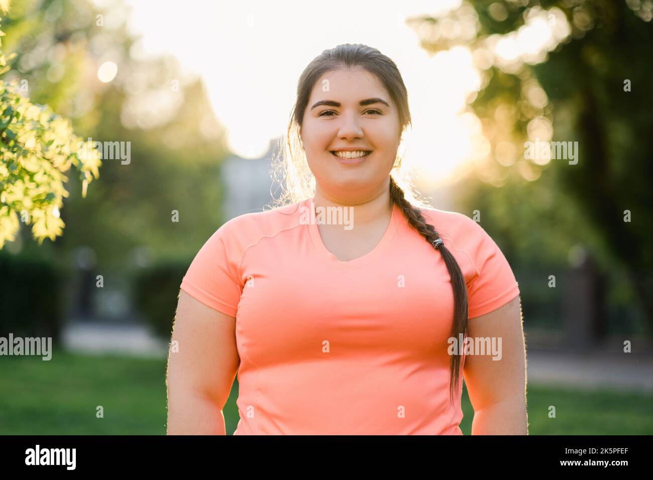 happy woman body positive overweight summer park Stock Photo