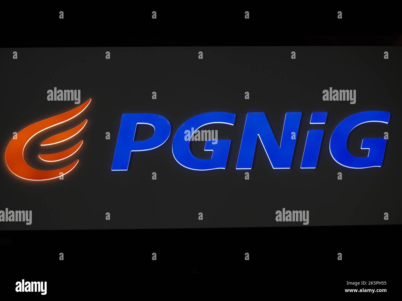 Poland, Poznan - October 09, 2022: Logo and sign of PGNiG. PGNiG is Polish Oil Mining and Gas Extraction S.A. Sign Company signboard PGNiG. Stock Photo
