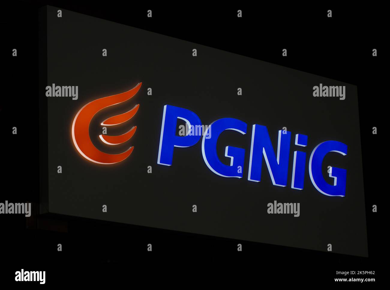 Poland, Poznan - October 09, 2022: Sign PGNiG, Polish state-controlled oil and gas company. Sign Company signboard PGNiG. Stock Photo