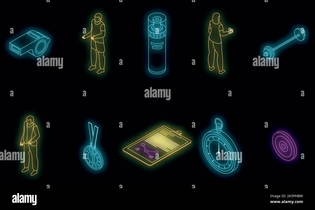 Coach icons set. Isometric set of coach vector icons neon color on ...