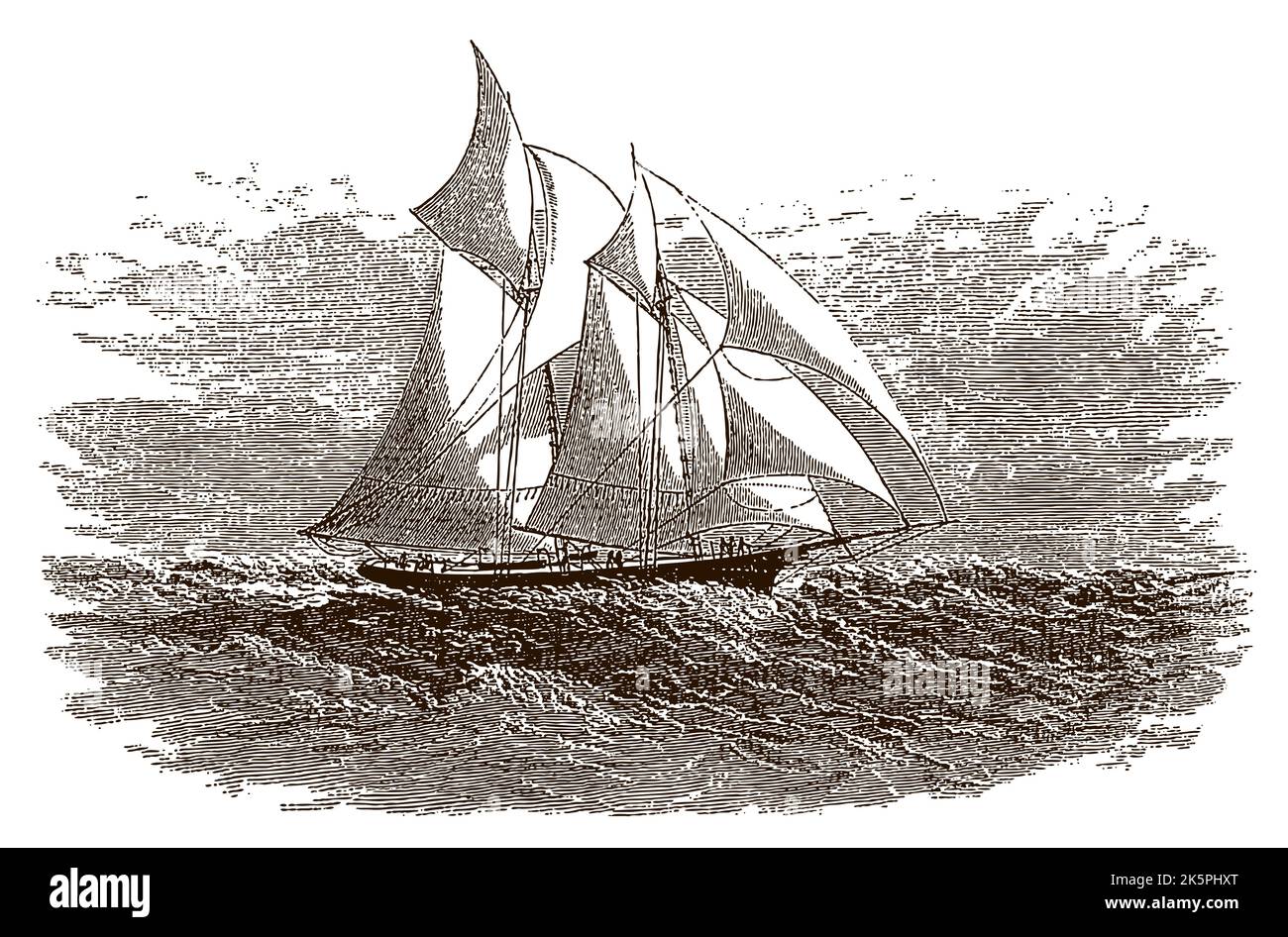 Antique two-masted sailing yacht on wavy sea, after engraving from 19th century Stock Vector