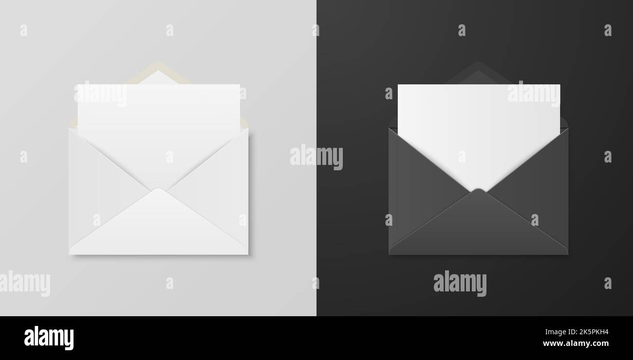 Vector 3d Realistic Opened White and Black Envelope Set. Isolated
