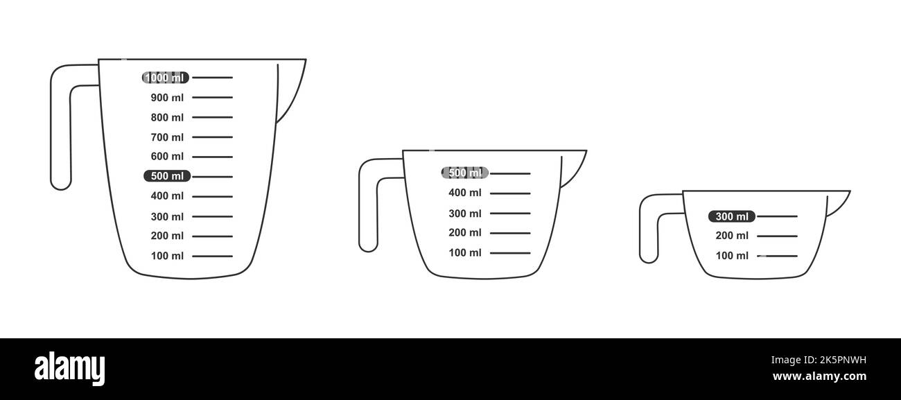 Set of measuring cups with 1 liter, 500 and 300 ml volume. Liquid containers for cooking with fluid capacity scale. Vector graphic illustration. Stock Vector