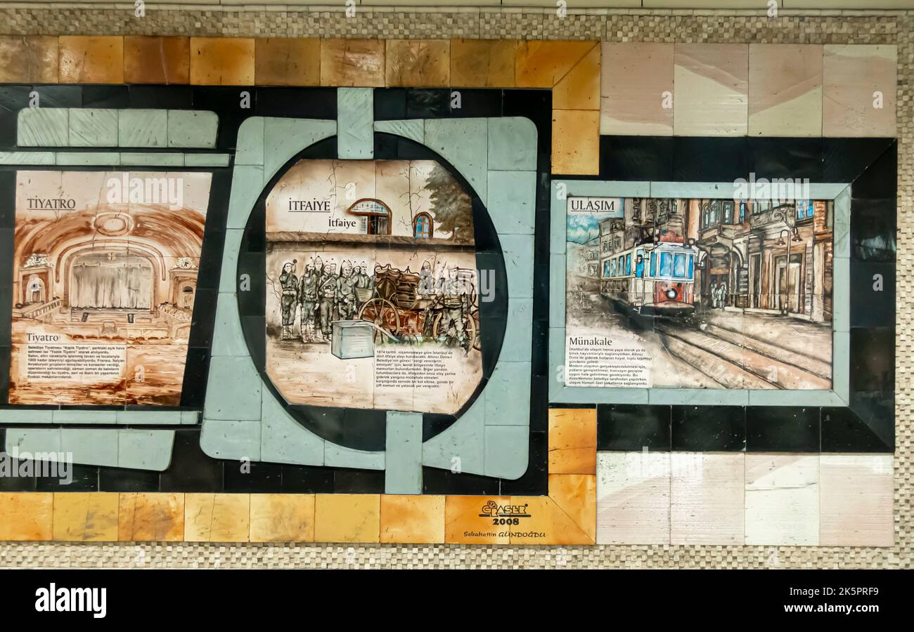 Wall mural in door, artworks depicting history of Istanbul transportation. Vezneciler metro station, Istanbul, Turkey. Grazer 2008 art project Stock Photo