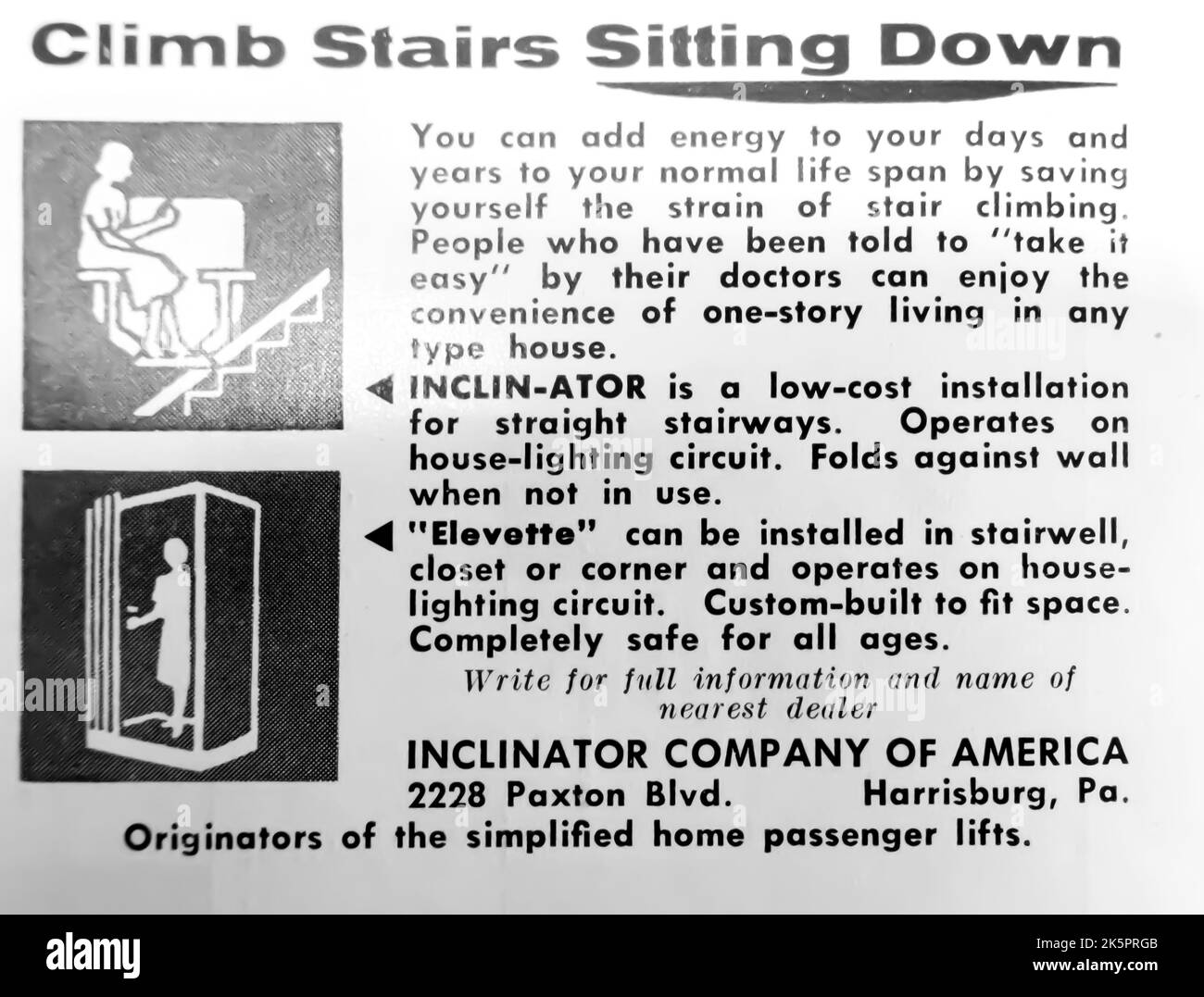 Inclinator company of America, installation for straight stairways; Elevette advert in NatGeo magazine, 1954 Stock Photo