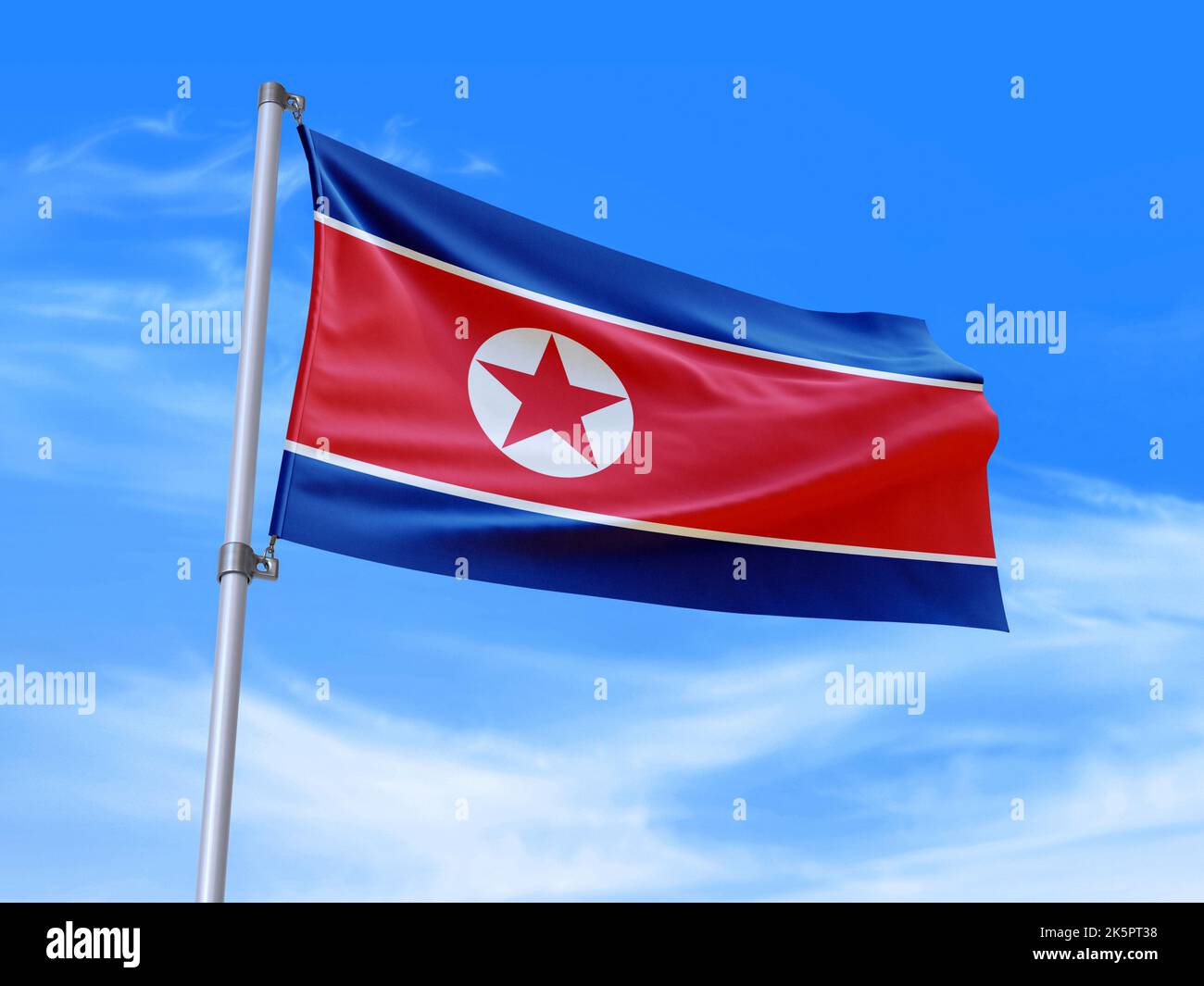 Beautiful North - Korea flag waving in the wind with sky background - 3D illustration - 3D render Stock Photo
