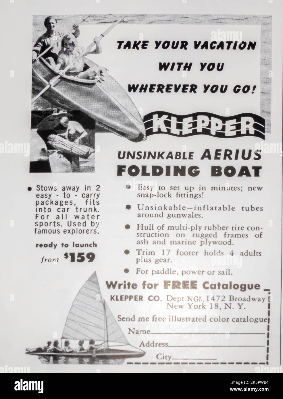 Klepper folding boat advert in NatGeo magazine, 1954 Stock Photo Alamy