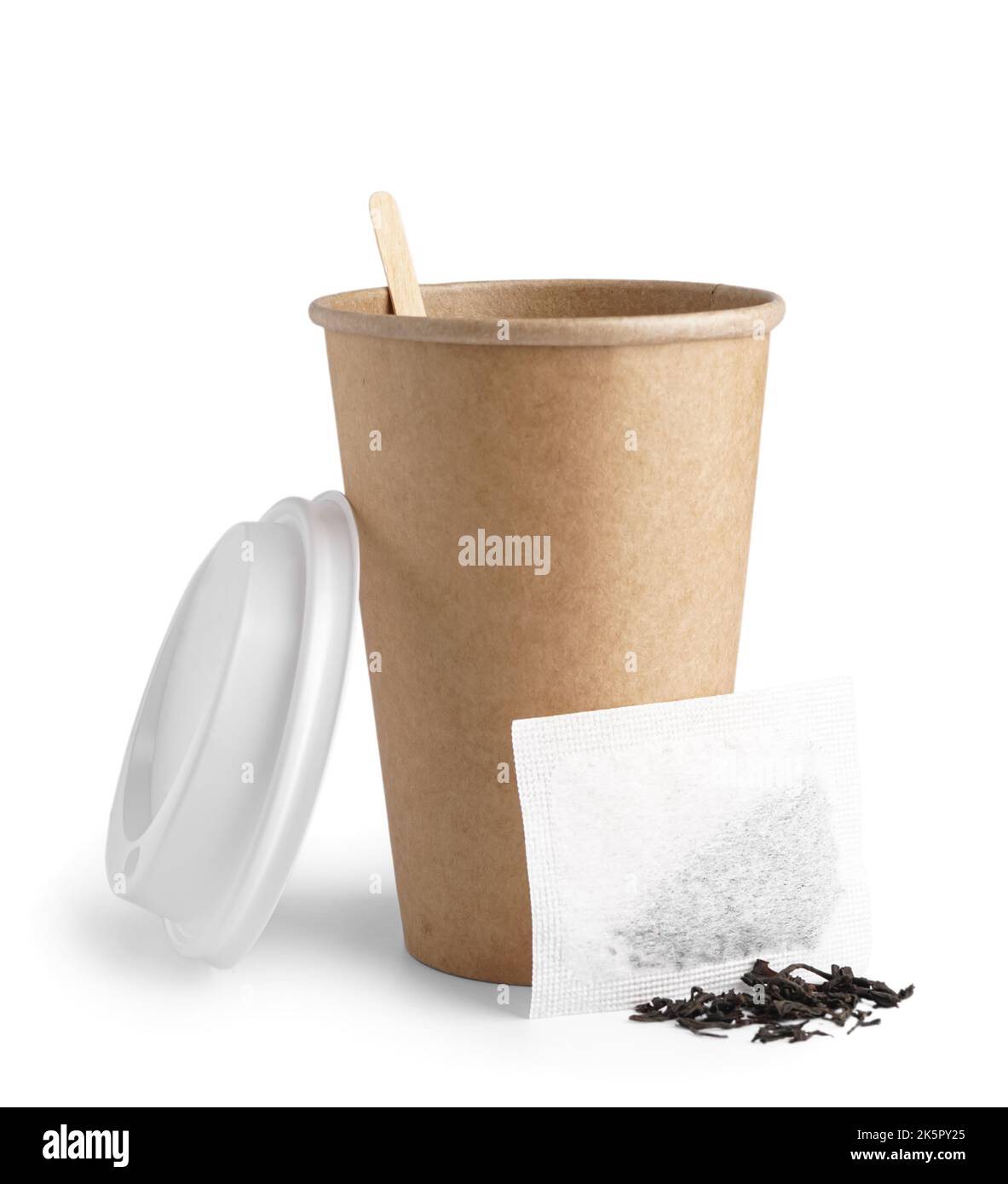 Paper cup and tea bag on white background Stock Photo