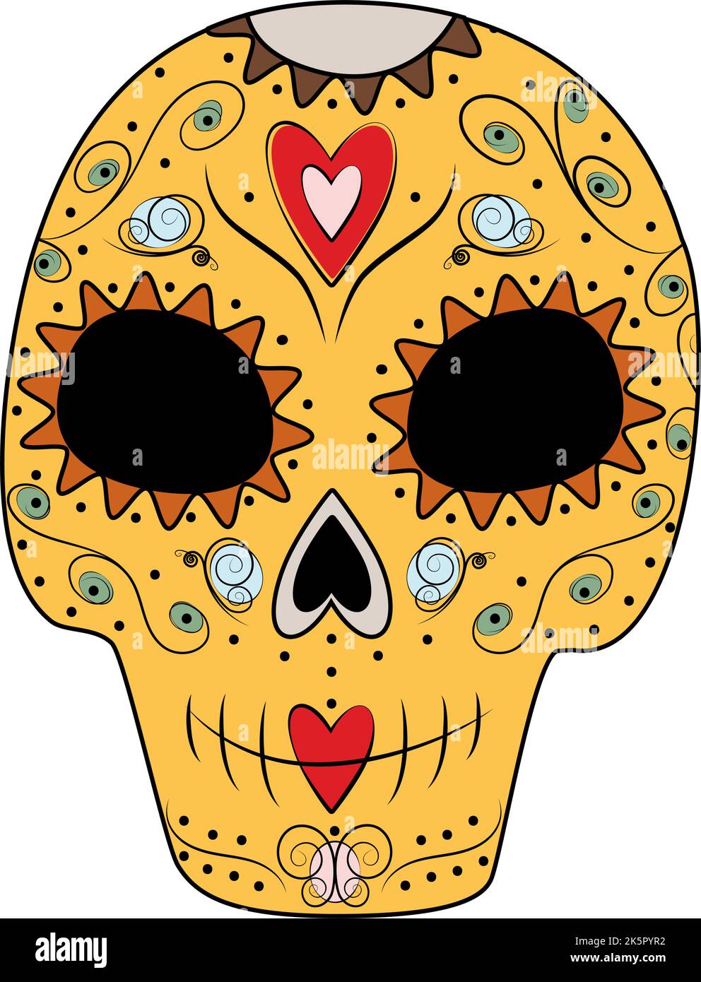 Dia de los muertos. Sugar Skull with abstract pattern of floral elements in trendy bright shades. Isolate. Day of the Dead. Mexico. Sticker, icon. Good for poster, card, invitations, price tag Stock Vector