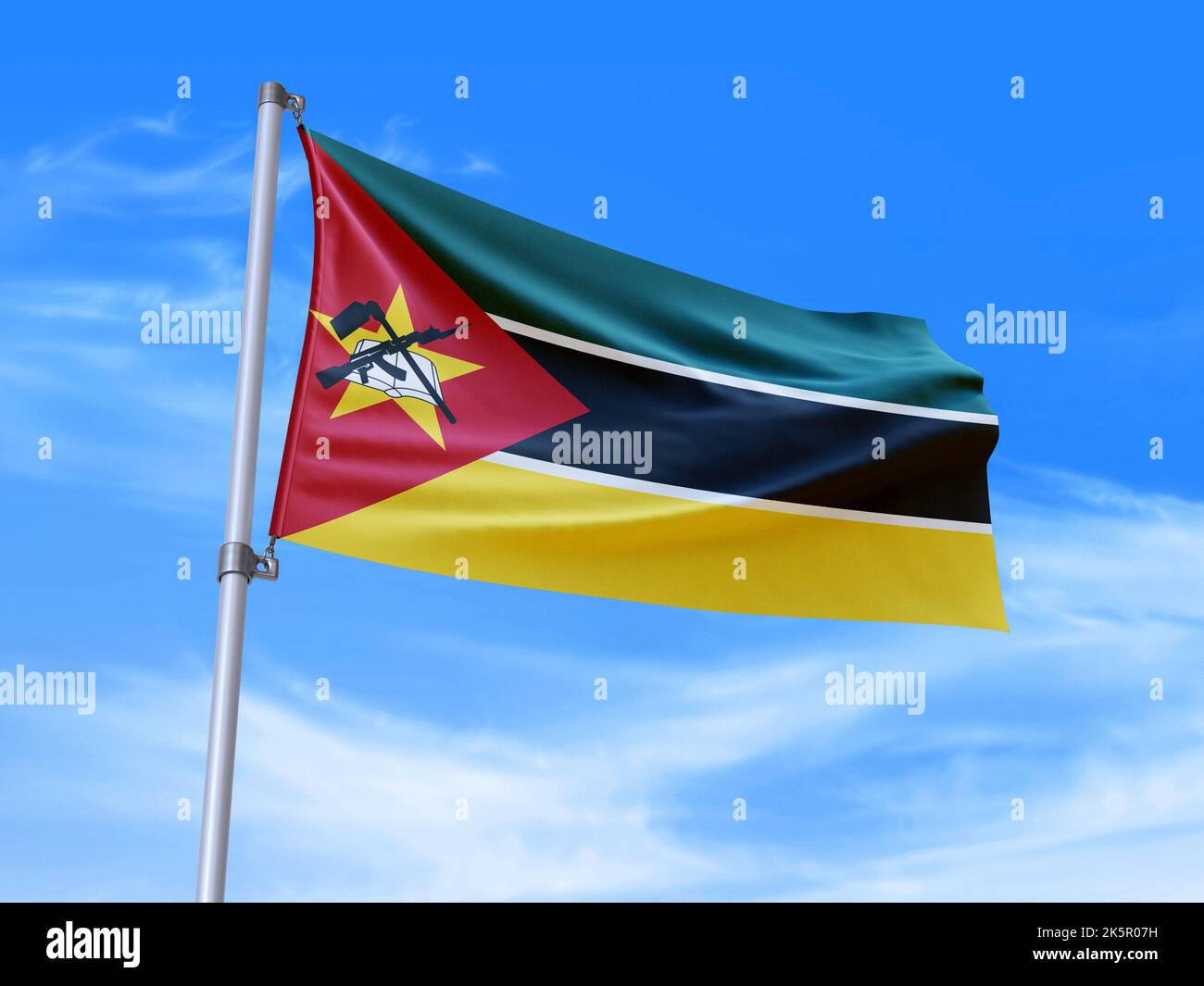 Beautiful Mozambique flag waving in the wind with sky background - 3D illustration - 3D render Stock Photo