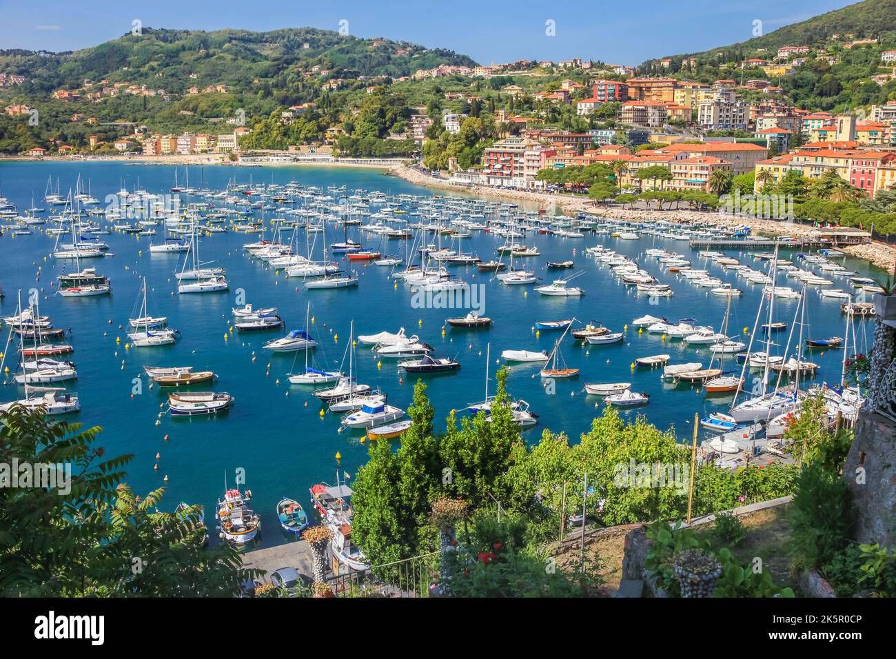 Above Lerici bay and marina with sailboats, Cinque Terre, Liguria, Italy Stock Photo