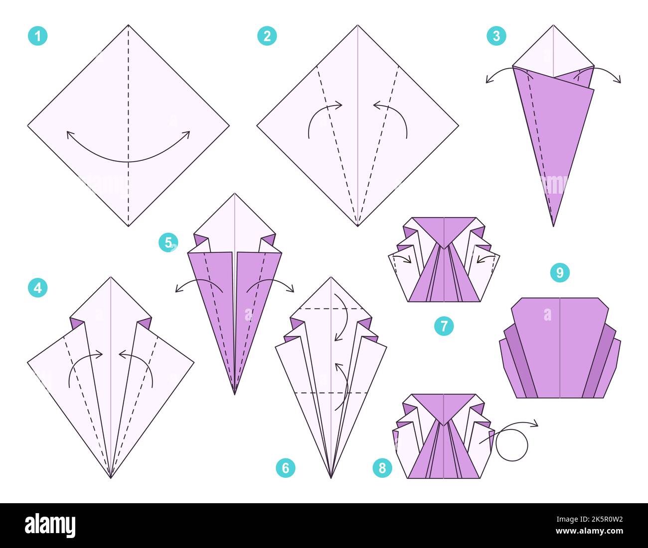 Origami tutorial. Origami scheme for kids Shell. Stock Vector