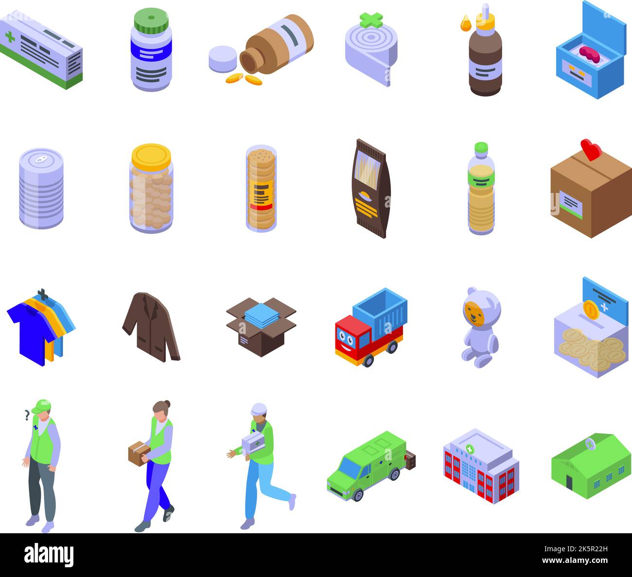 Humanitarian aid icons set isometric vector. Box donate. Care charity Stock Vector