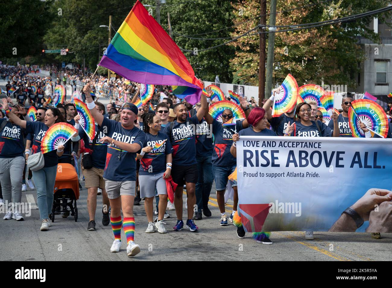Atlanta, Georgia, USA. 9th Oct, 2022. Thousands from Atlanta's LGBTQ community jammed the city's midtown district for the 3-hour-long Pride parade, after a two-year hiatus because of COVID-19. Pictured: Delta Airlines employees march in parade (Credit Image: © Robin Rayne/ZUMA Press Wire) Stock Photo