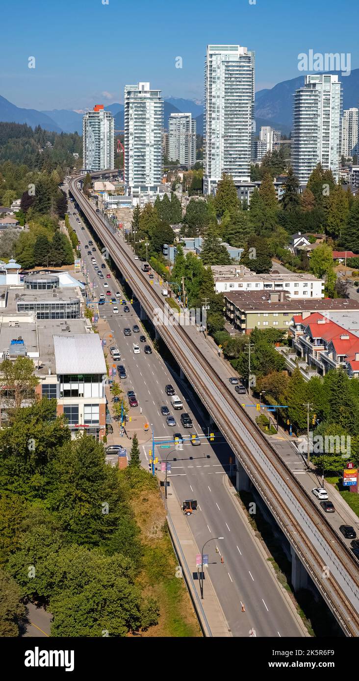 Aerial view of Coquitlam skyline and residential apartment buildings. Taken in Greater Vancouver, British Columbia, Canada. Travel photo, nobody-Octob Stock Photo