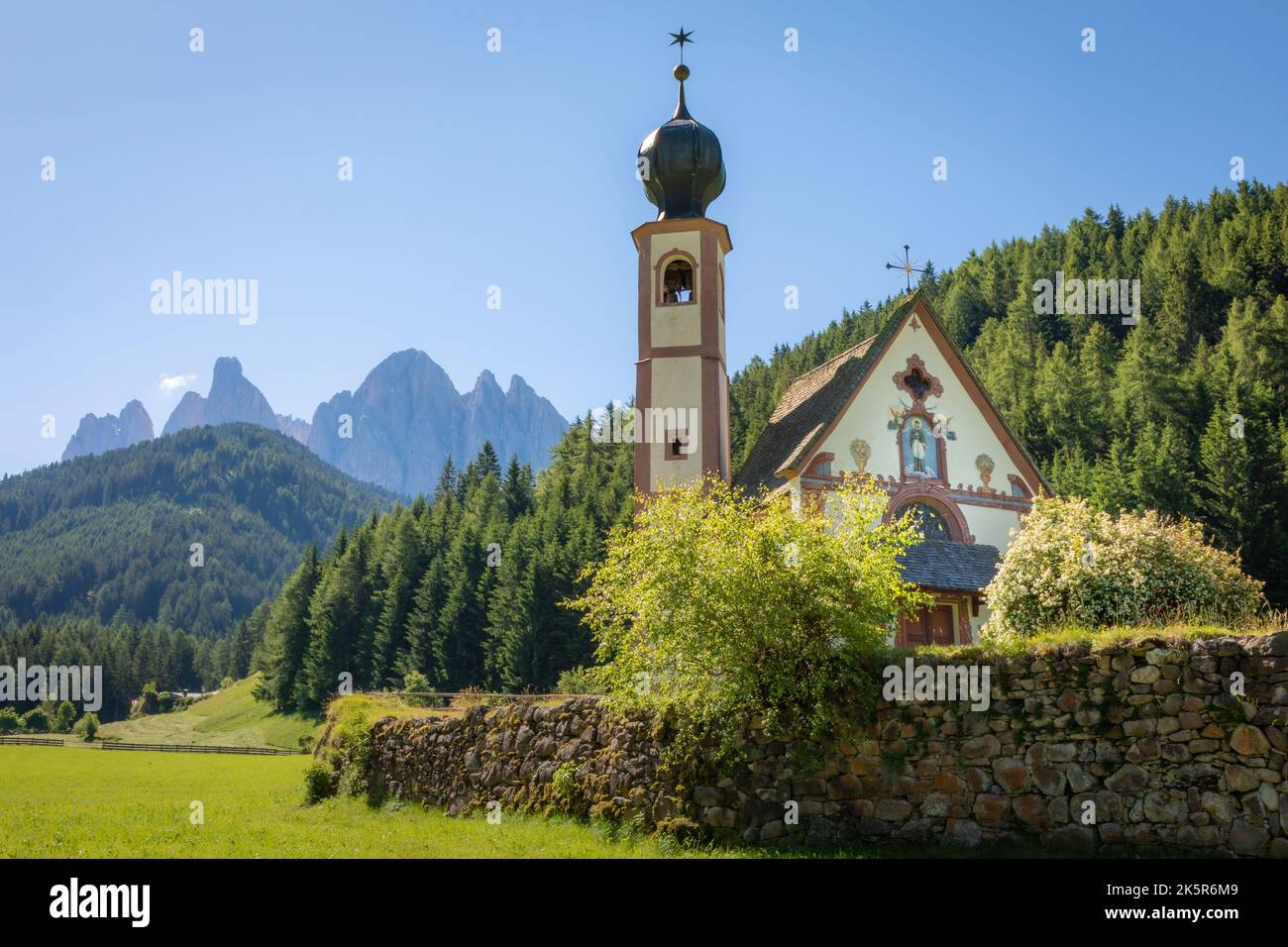 St Johann Church in idyllic Santa Maddalena, Dolomites, Italy Stock Photo