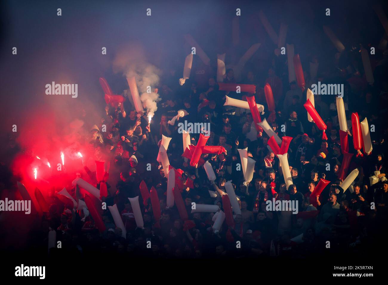 Standard's supporters pictured during a soccer match between Sporting Charleroi and Standard Liege, Sunday 09 October 2022 in Charleroi, on day 11 of the 2022-2023 'Jupiler Pro League' first division of the Belgian championship. BELGA PHOTO VIRGINIE LEFOUR Stock Photo