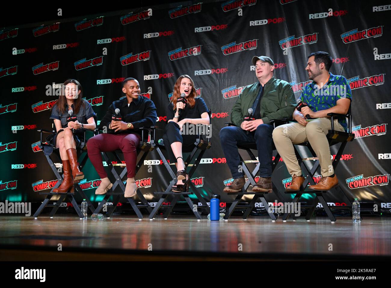 Michelle Gomez, Joivan Wade, April Bowlby, Brendan Fraser and Andy Swift speak onstage at HBO Max and DC's Doom Patrol and Titans panel during New Yor Stock Photo