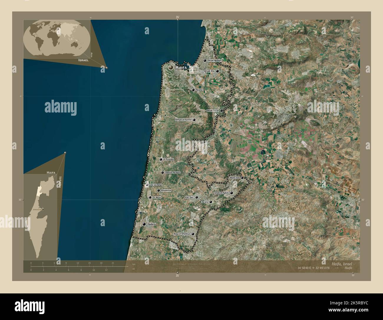 Haifa, district of Israel. High resolution satellite map. Locations and names of major cities of the region. Corner auxiliary location maps Stock Photo